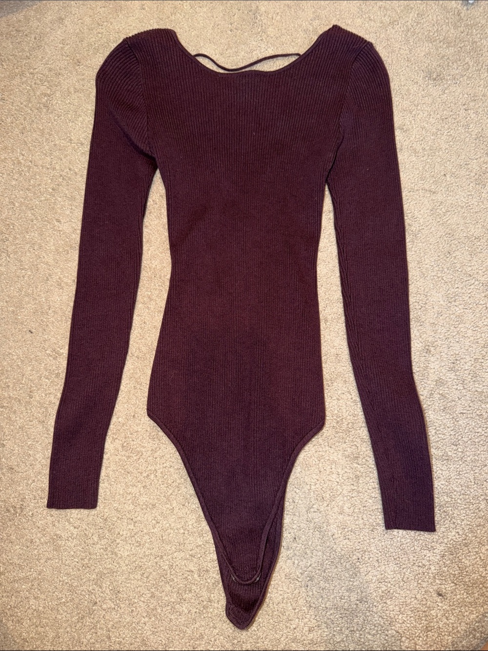 Honey Punch Purple Ribbed Knit Long-Sleeve Bodysuit w/ Laceup Back Detail